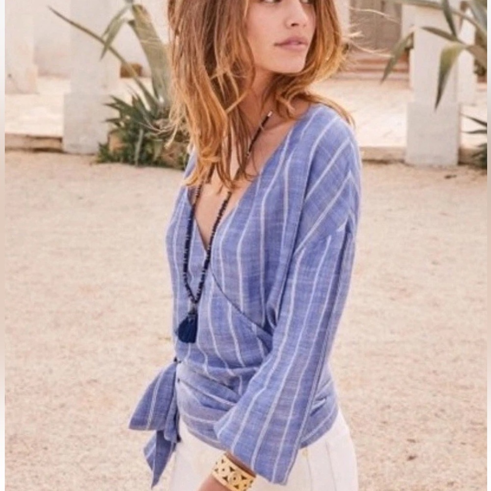Sezane Anya blouse; 38 US 6 blue striped wrap top